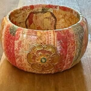 Vintage Decoupage‑Style Bangle • Multicolor Stripes & Floral Medallion